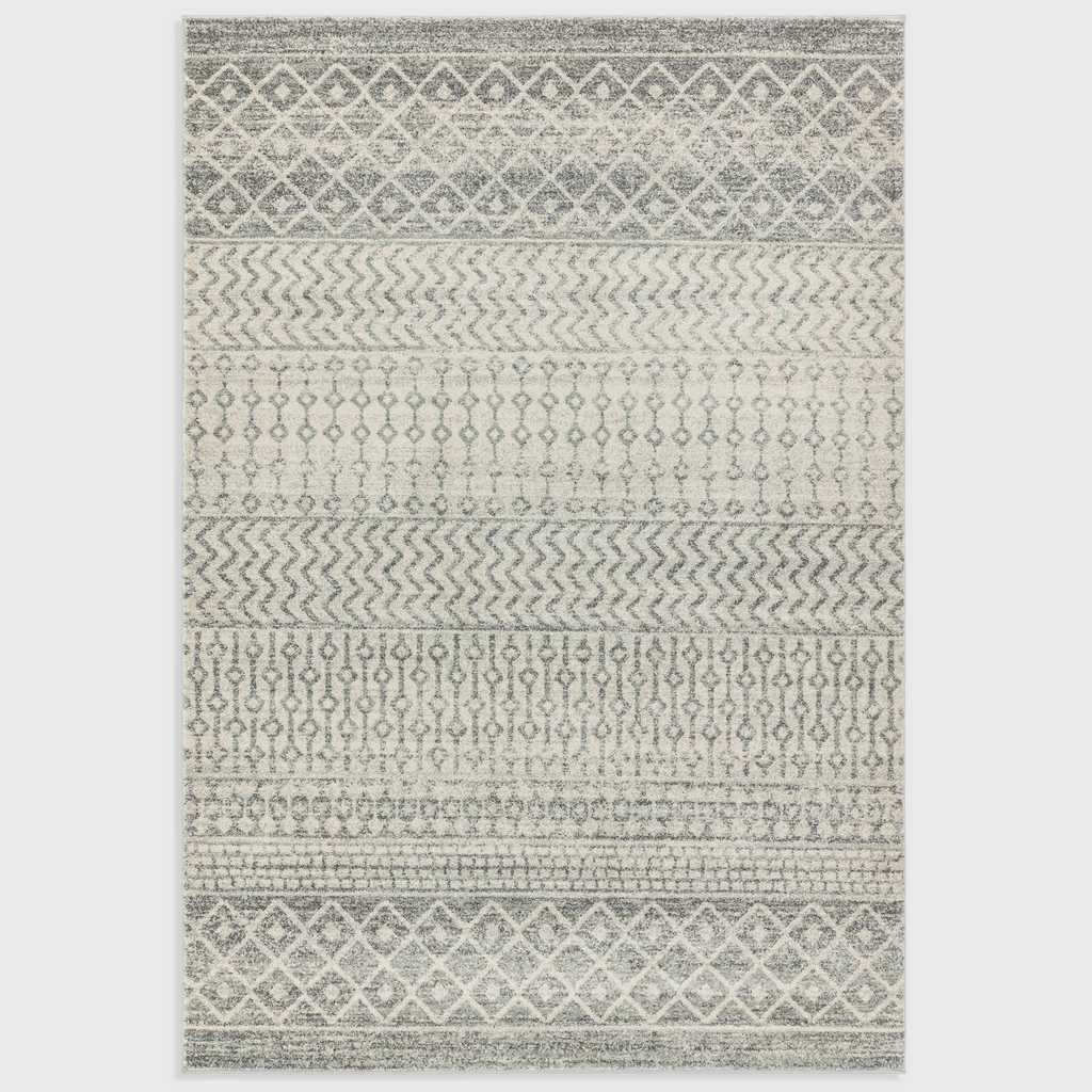 Alvo Rugs Novella Nv35 Aztec grey rug with Moroccan geometric patterns in soft silver and charcoal tones.