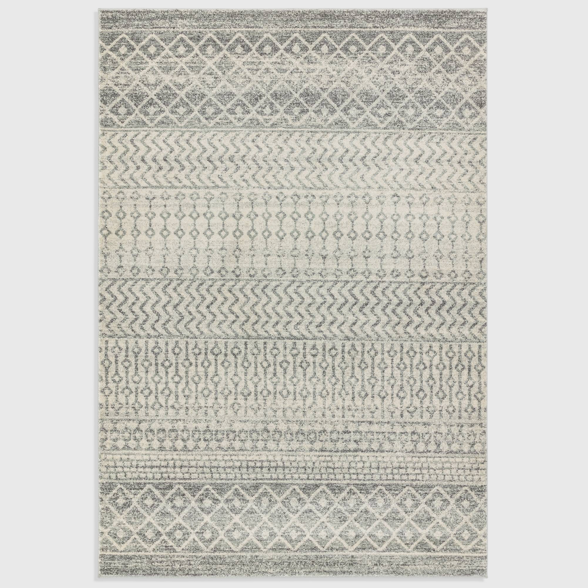 Alvo Rugs Novella Nv35 Aztec grey rug with Moroccan geometric patterns in soft silver and charcoal tones.