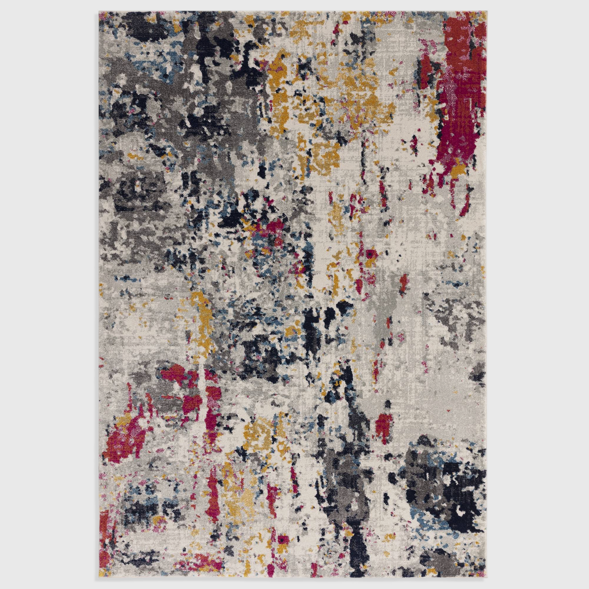 Alvo Rugs Novella Palette Nv38 abstract area rug with vibrant multi-coloured paint splatter design on a grey base.