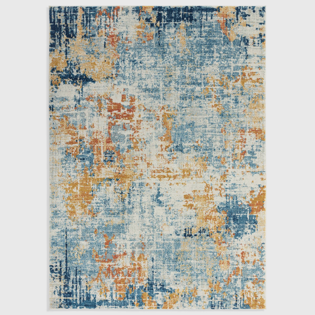 Alvo Rugs Novella Illusion Nv39 abstract area rug featuring blue, orange, and cream distressed patterns.
