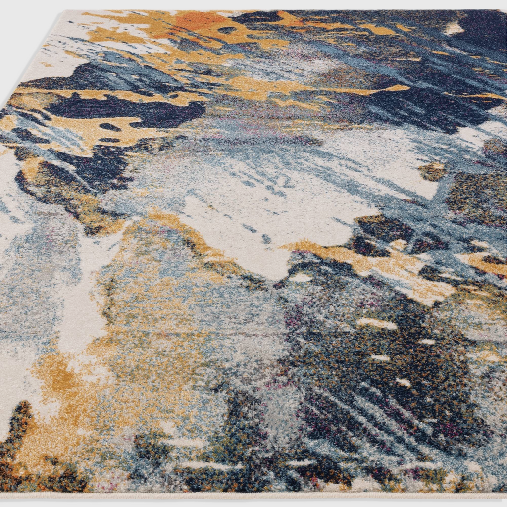 Alvo Rugs Novella Sonic Nv41 abstract area rug with vibrant blue and gold tones in a soft polypropylene cut pile.