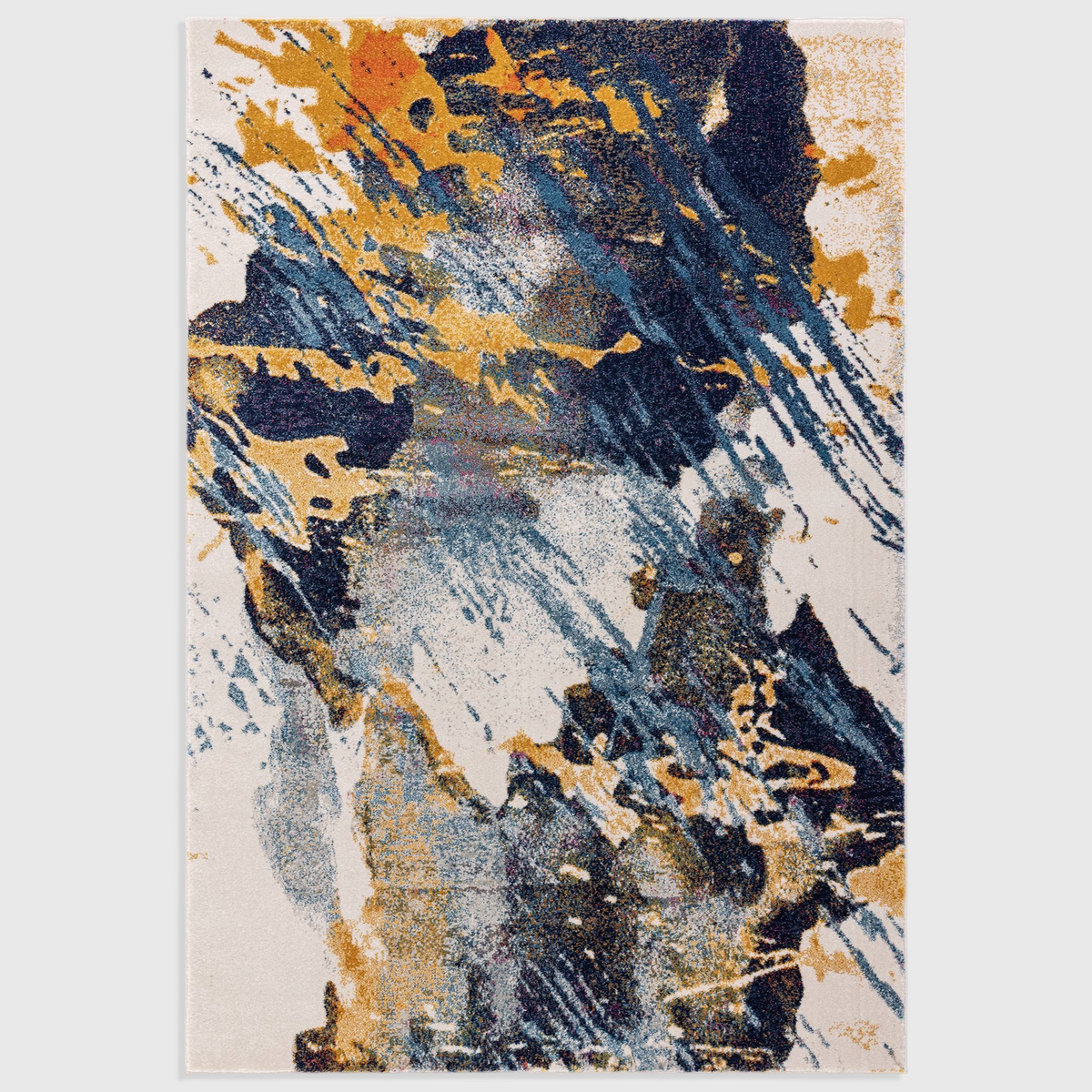 Alvo Rugs Novella Sonic Nv41 abstract area rug featuring vibrant blue and gold brushstroke patterns on a cream base.