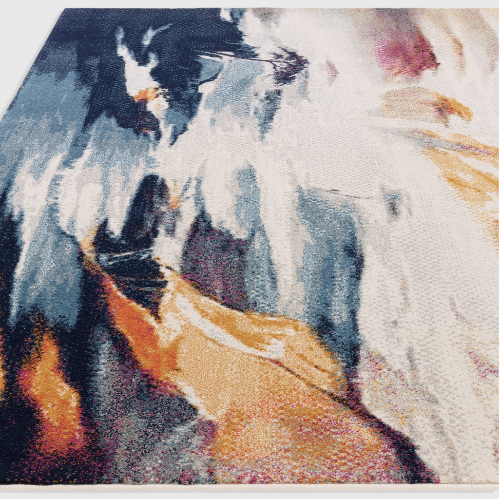 Alvo Rugs Novella Vista Nv42 abstract area rug with vibrant blue, orange, and cream tones in a durable polypropylene.