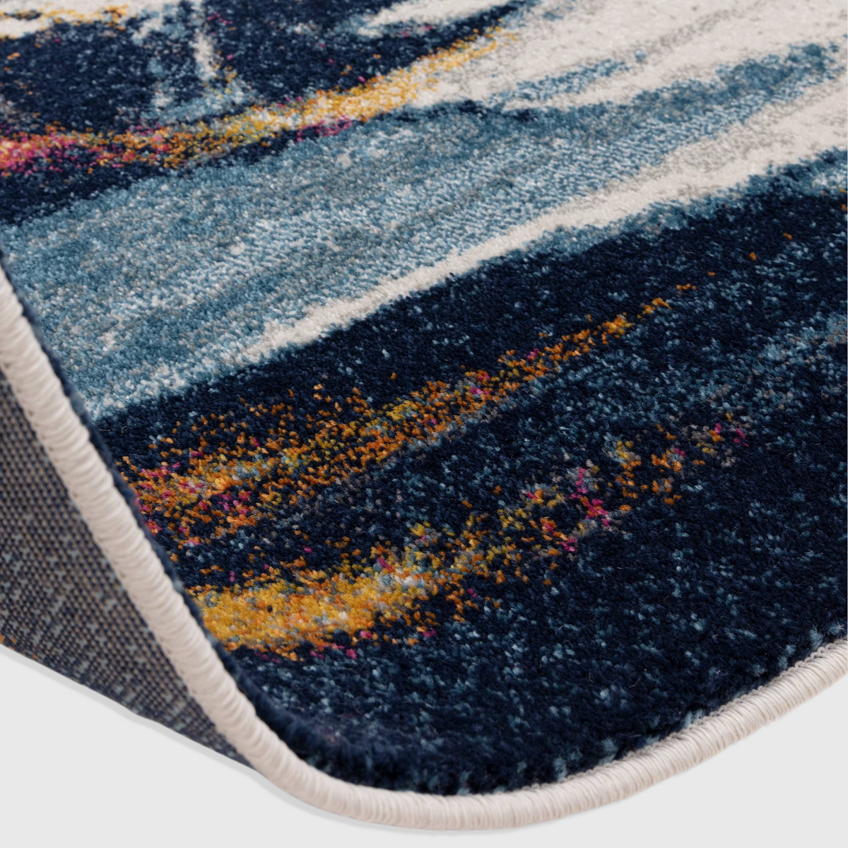 Alvo Rugs Novella Vista Nv42 abstract rug with blue, white, and orange tones in a soft polypropylene cut pile.