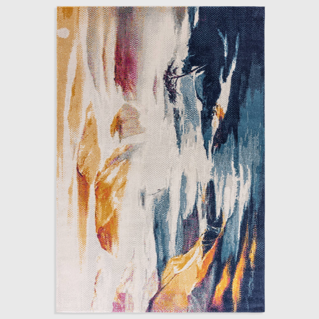 Alvo Rugs Novella Vista Nv42 abstract area rug with vibrant blue, gold, and cream tones in a soft polypropylene pile.