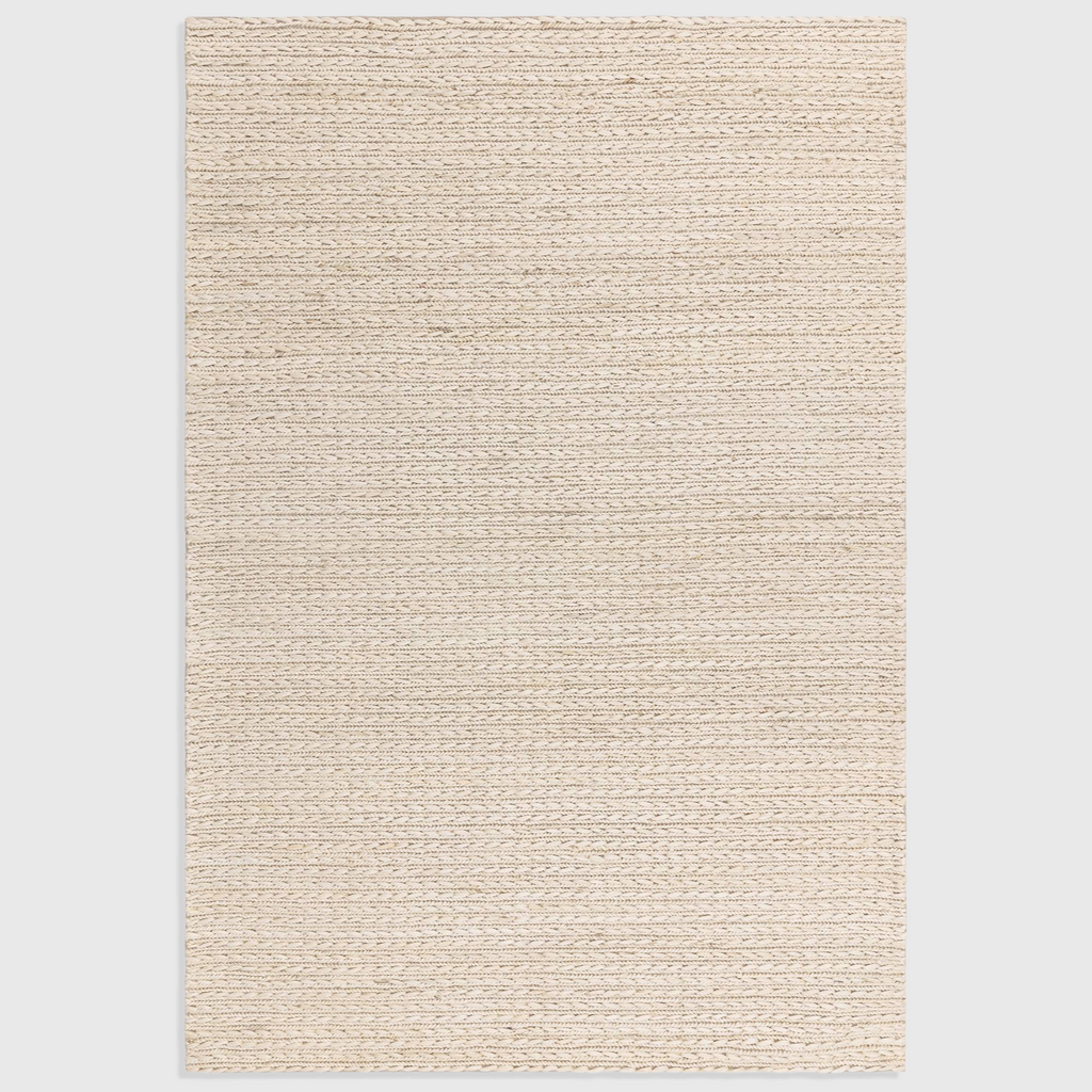 Alvo Rugs Oaks blonde flatweave rug featuring a hand-woven blend of jute, cotton, and polyester in neutral tones.