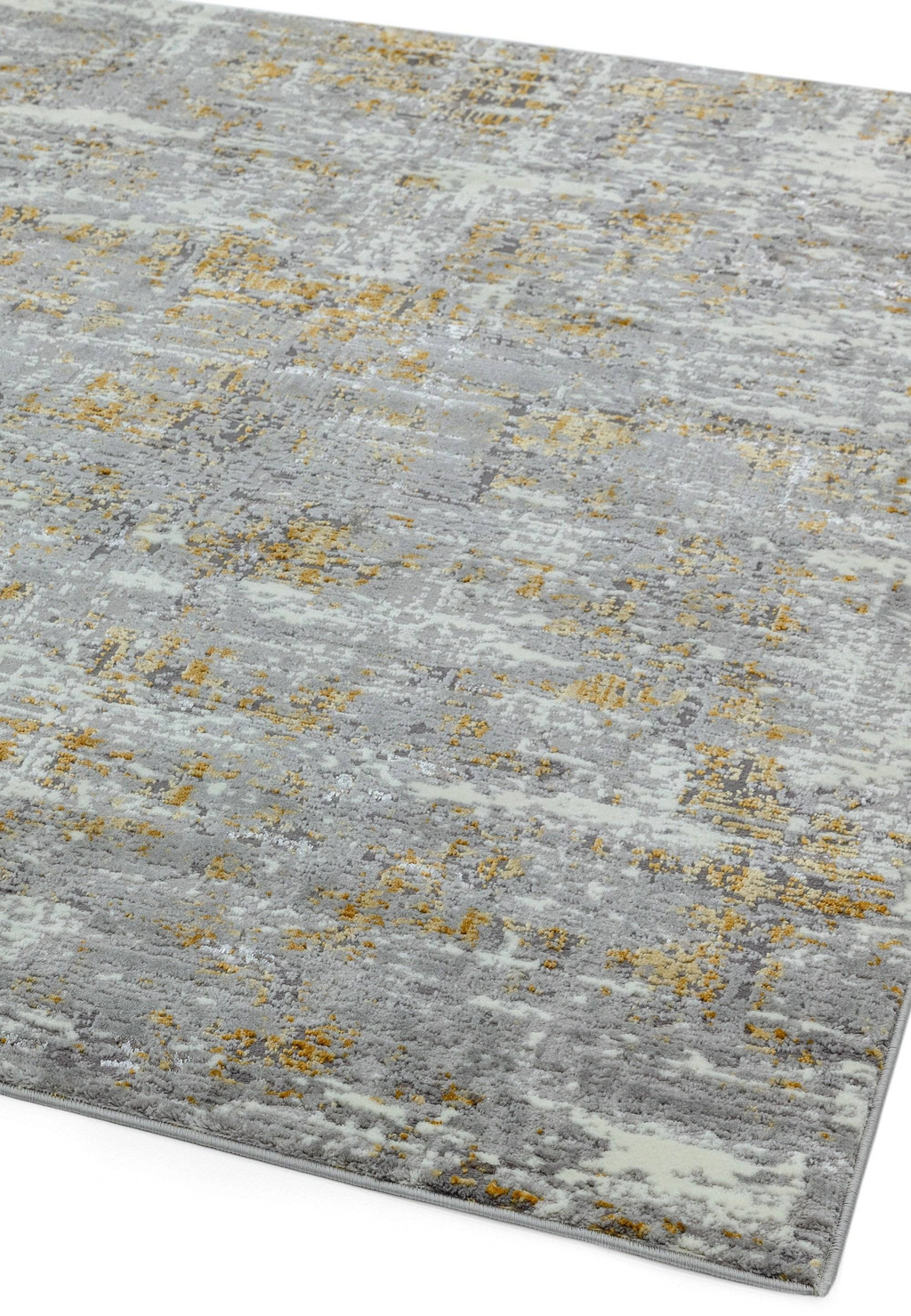 Alvo Rugs Oriana Or07 abstract area rug in grey and yellow with metallic highlights and a soft cut pile texture