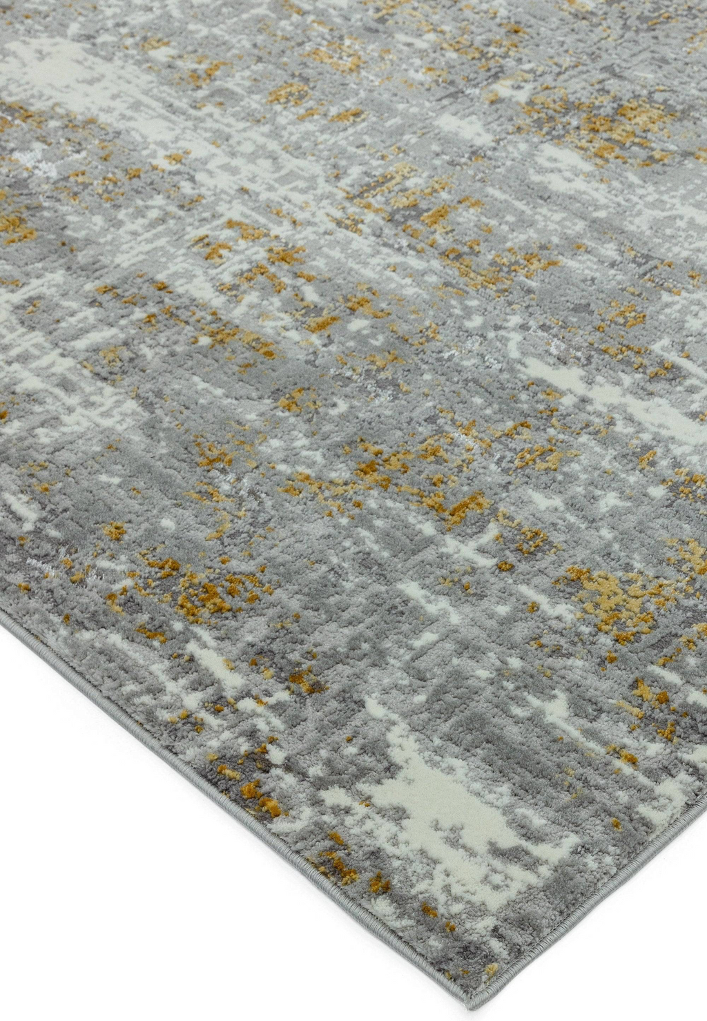 Alvo Rugs Oriana abstract area rug in grey and yellow with metallic highlights and a soft cut pile texture.