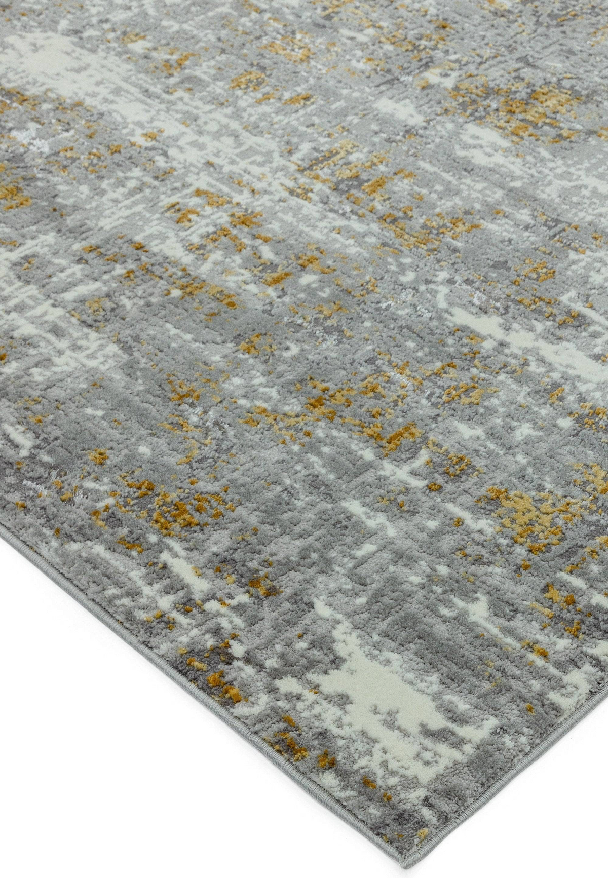 Alvo Rugs Oriana abstract area rug in grey and yellow with metallic highlights and a soft cut pile texture.