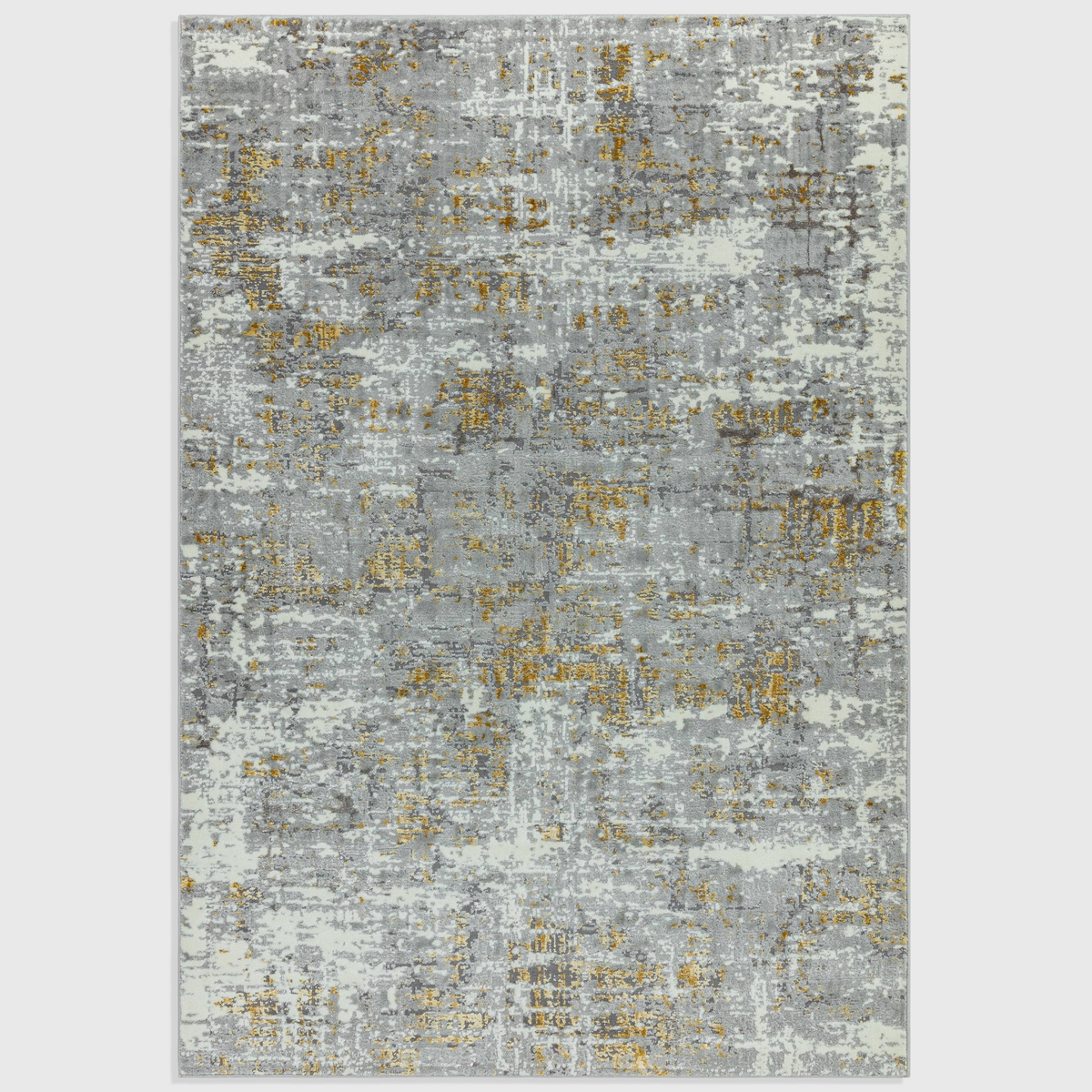Alvo Rugs Oriana abstract area rug in grey and yellow with metallic highlights and a soft cut pile texture.