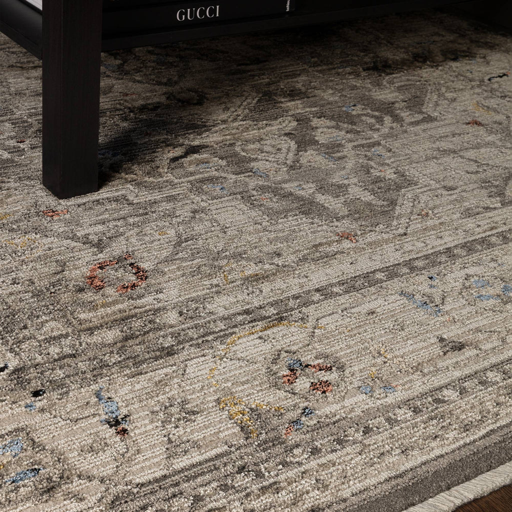Alvo Rugs Sovra charcoal medallion rug with a distressed Persian-inspired pattern in grey and silver polyester