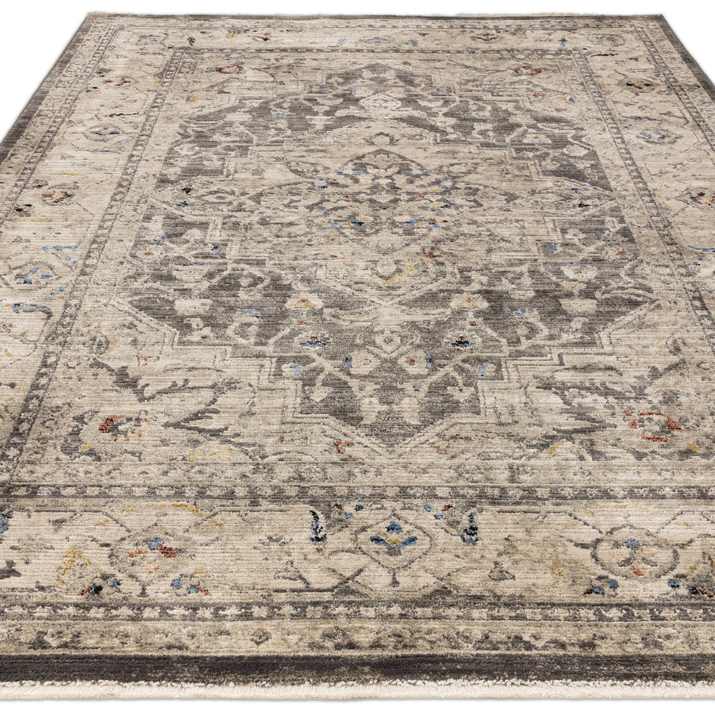 Alvo Rugs Sovra charcoal medallion rug with a distressed Persian-inspired pattern in grey and silver polyester.