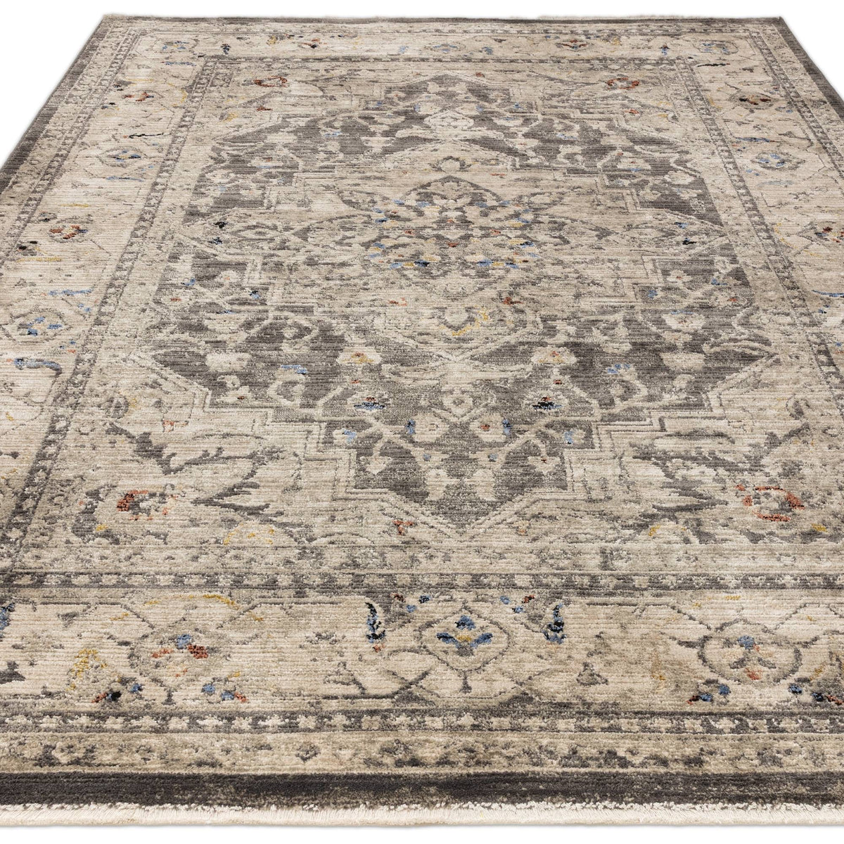 Alvo Rugs Sovra charcoal medallion rug with a distressed Persian-inspired pattern in grey and silver polyester.