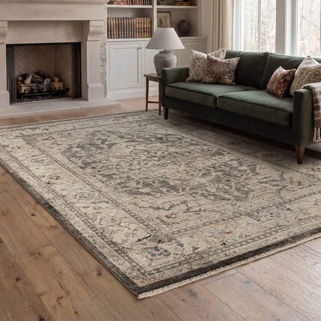 Alvo Rugs Sovra charcoal medallion rug with a distressed Persian-inspired design in grey and silver polyester.