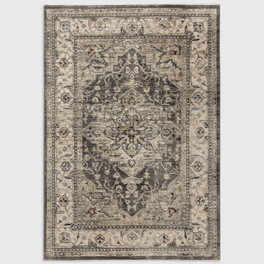 Alvo Rugs Sovra charcoal medallion rug with a distressed Persian-inspired pattern in grey and silver polyester.