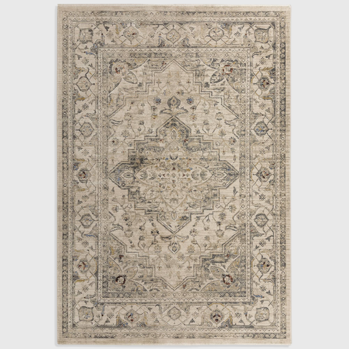 Alvo Rugs Sovra Ash medallion rug in beige with a distressed Persian-inspired pattern and soft polyester finish.