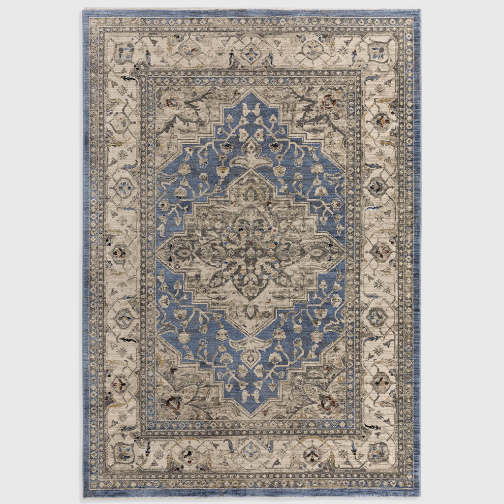 Alvo Rugs Sovra blue medallion rug with a distressed Persian-inspired pattern in soft polyester flatweave pile.