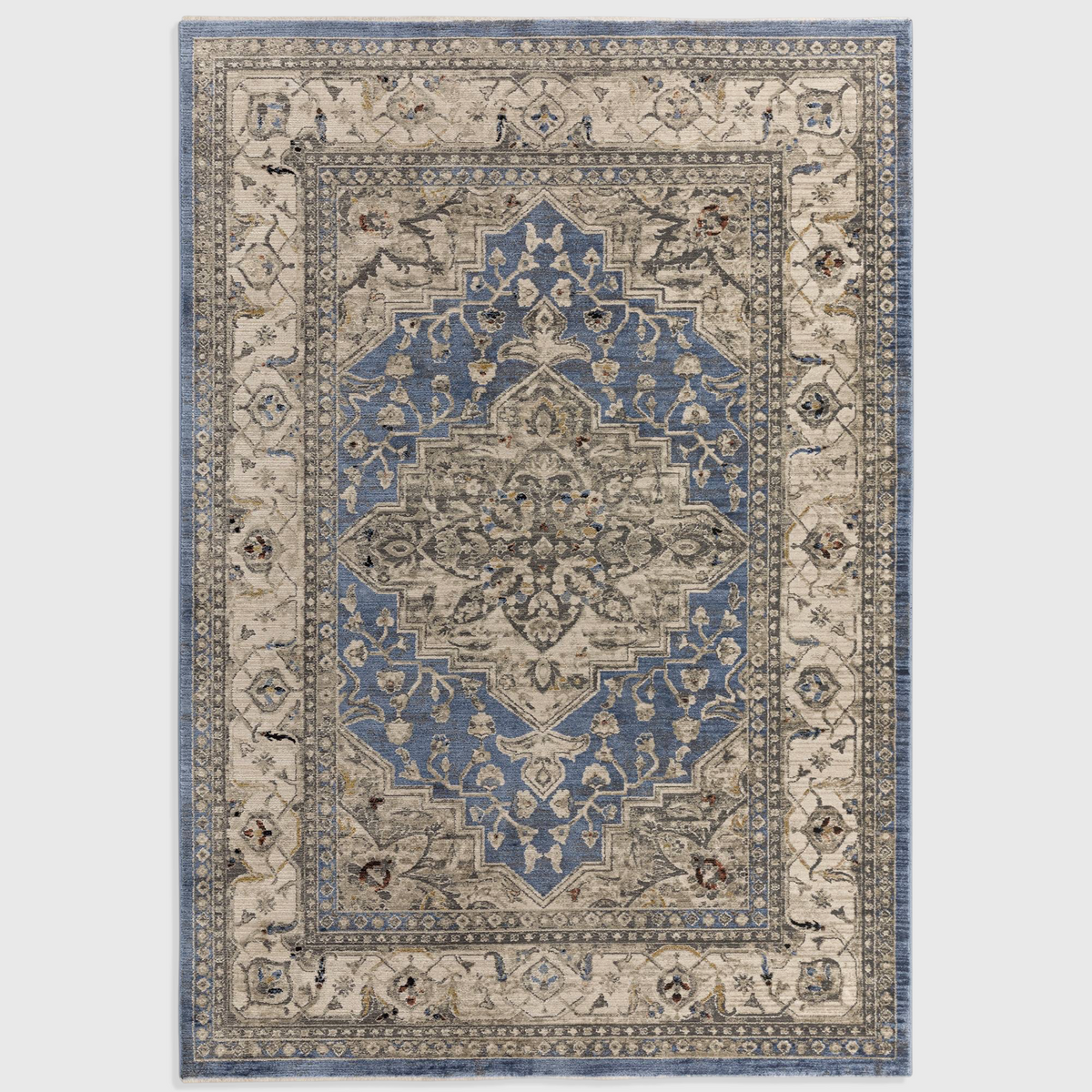 Alvo Rugs Sovra blue medallion rug with a distressed Persian-inspired pattern in soft polyester flatweave pile.