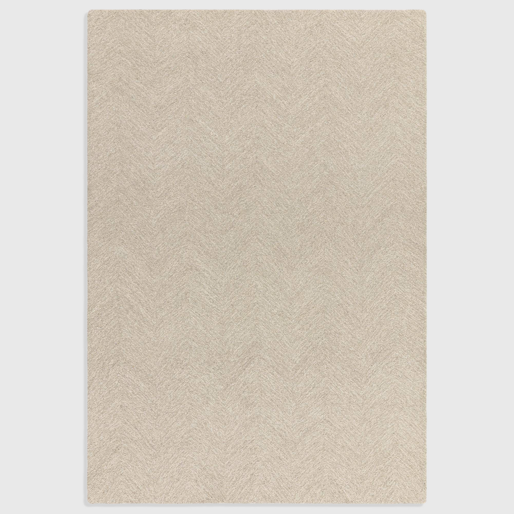 Alvo Rugs Theo Hatch hand-tufted wool rug in neutral tones with a subtle chevron and cross hatch loop pile pattern.