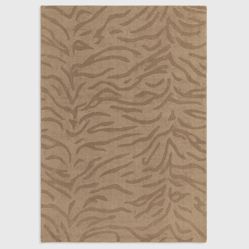 Alvo Rugs Tigris Mocha wool rug with a brown and taupe abstract animal print pattern and textured cut-loop pile.