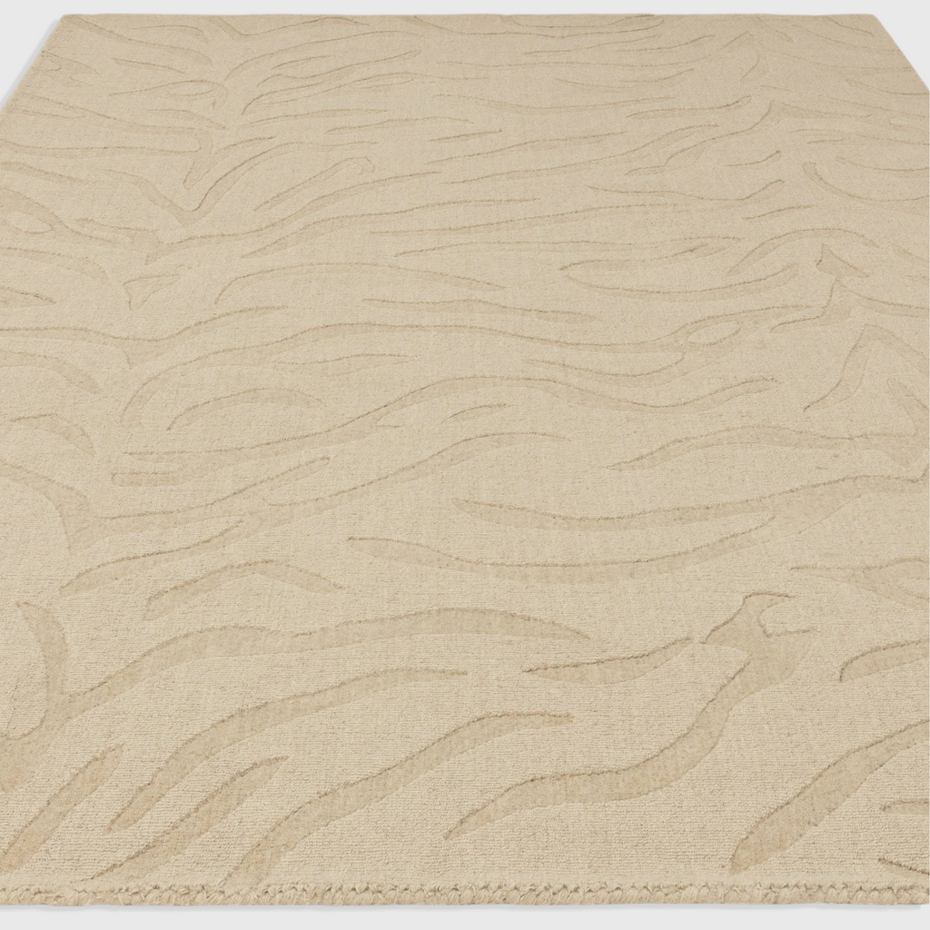 Alvo Rugs Tigris Sand rug in 100% wool with a beige abstract wave pattern, featuring cut and loop pile texture.