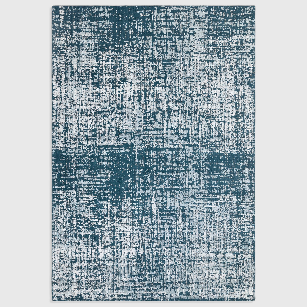 Alvo Rugs Torina teal green abstract area rug with a textured high-low wool and viscose cut and loop pile finish.